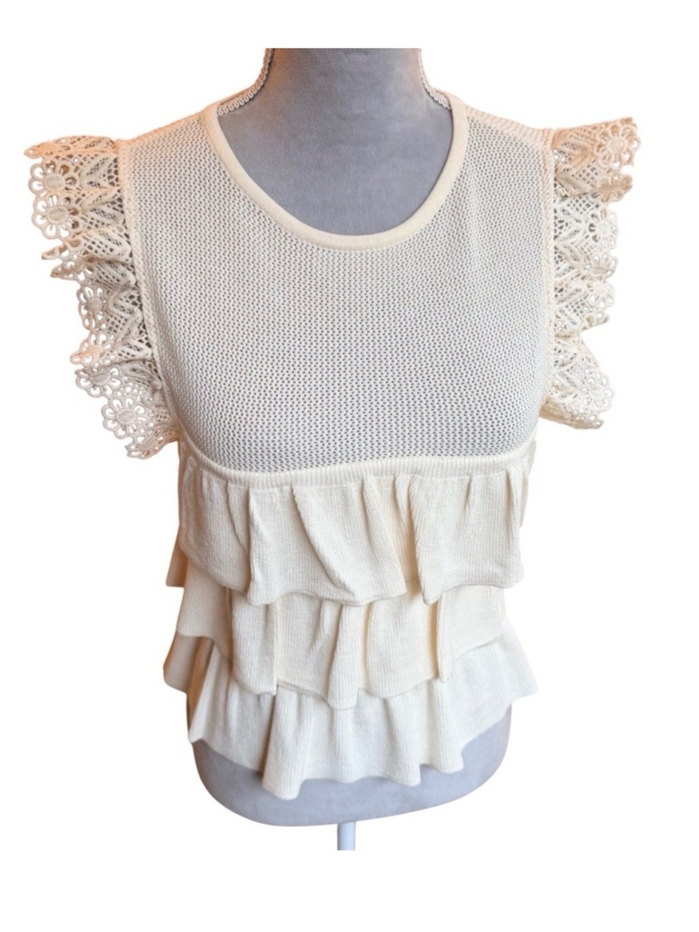 Dolan Cream Ruffle Knit Top with Lace Cap Sleeves
